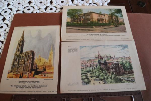 drei Farbdrucke - Metz, Budapest und Straßburg - Volksdeutsches Kameradschaftsopfer der deutschen Jugend 1940/41